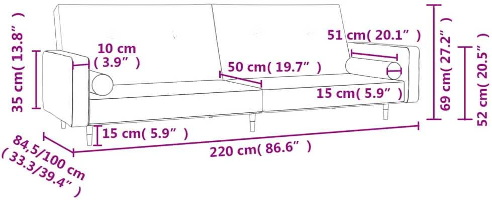 Dvivietė sofa-lova su dvejomis pagalvėmis, pilka, aksomas