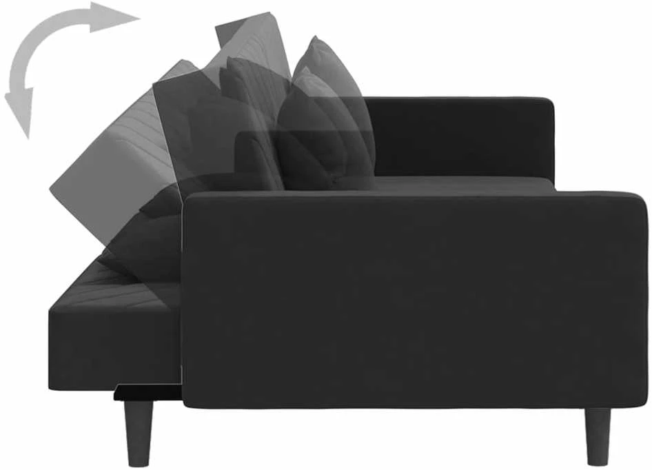 Dvivietė sofa-lova su dvejomis pagalvėmis, juoda, aksomas
