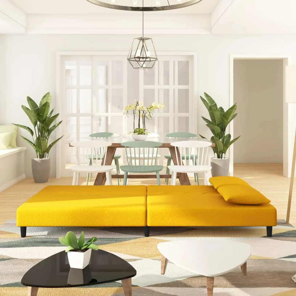 Dvivietė sofa-lova su dvejomis pagalvėmis, geltona, aksomas