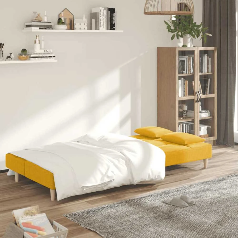 Dvivietė sofa-lova su dvejomis pagalvėmis, geltona, audinys