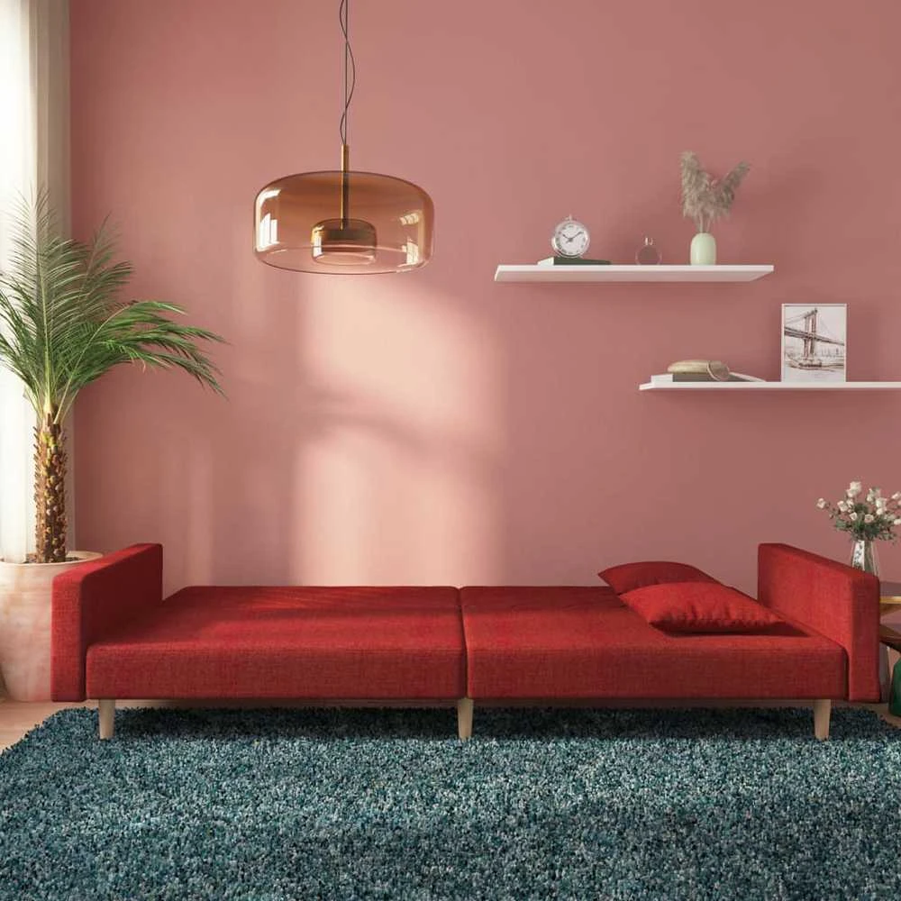 Dvivietė sofa-lova su dvejomis pagalvėmis, vyno, audinys