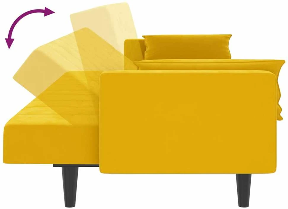 Dvivietė sofa-lova su dvejomis pagalvėmis, geltona, aksomas