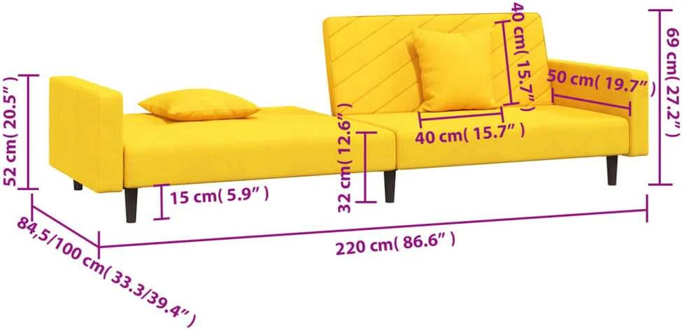 Dvivietė sofa-lova su dvejomis pagalvėmis, geltona, aksomas