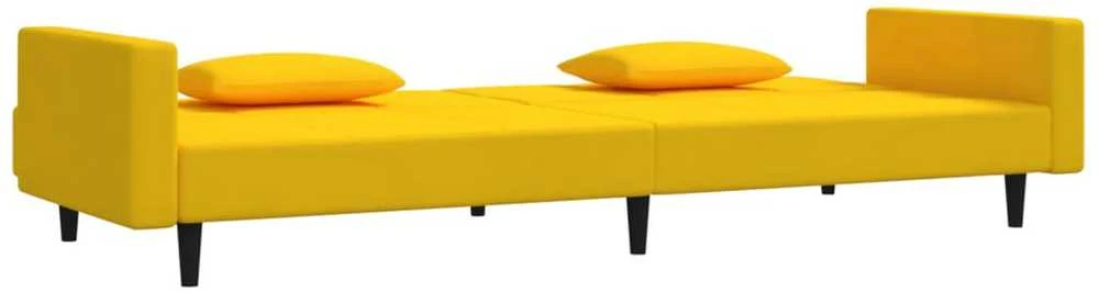 Dvivietė sofa-lova su dvejomis pagalvėmis, geltona, aksomas