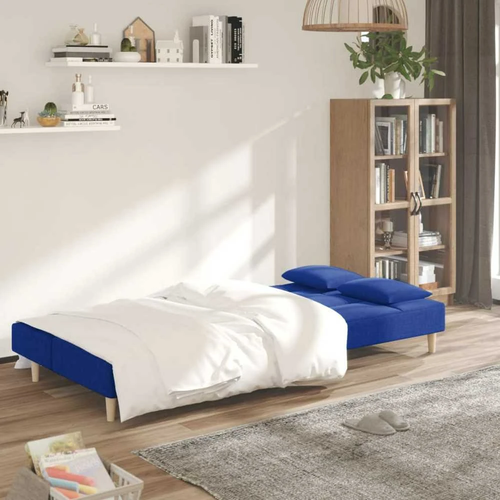 Dvivietė sofa-lova su dvejomis pagalvėmis, mėlyna, audinys