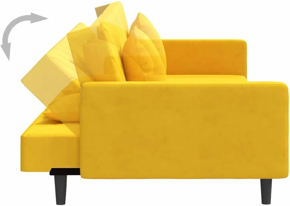 Dvivietė sofa-lova su dvejomis pagalvėmis, geltona, aksomas