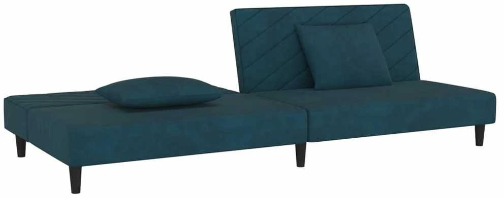 Dvivietė sofa-lova su dvejomis pagalvėmis, mėlyna, aksomas