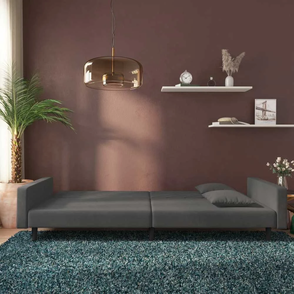 Dvivietė sofa-lova su dvejomis pagalvėmis, pilka, aksomas