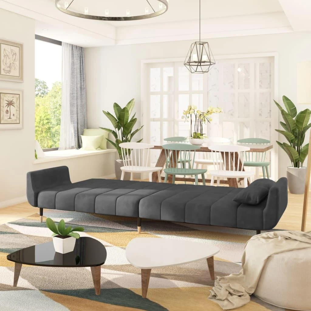 Dvivietė sofa-lova su dvejomis pagalvėmis, pilka, aksomas