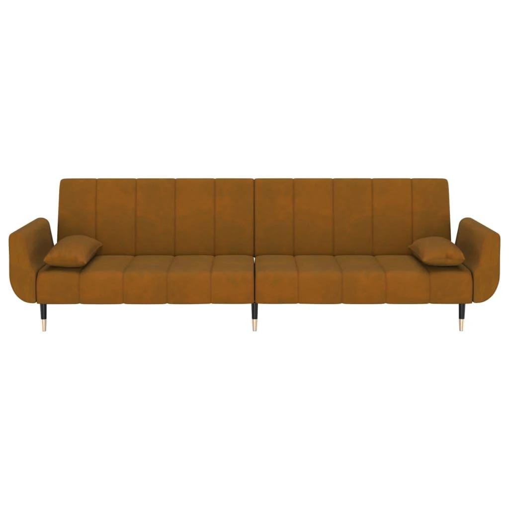 Dvivietė sofa-lova su dvejomis pagalvėmis, ruda, aksomas