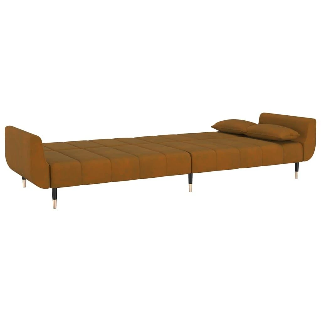 Dvivietė sofa-lova su dvejomis pagalvėmis, ruda, aksomas