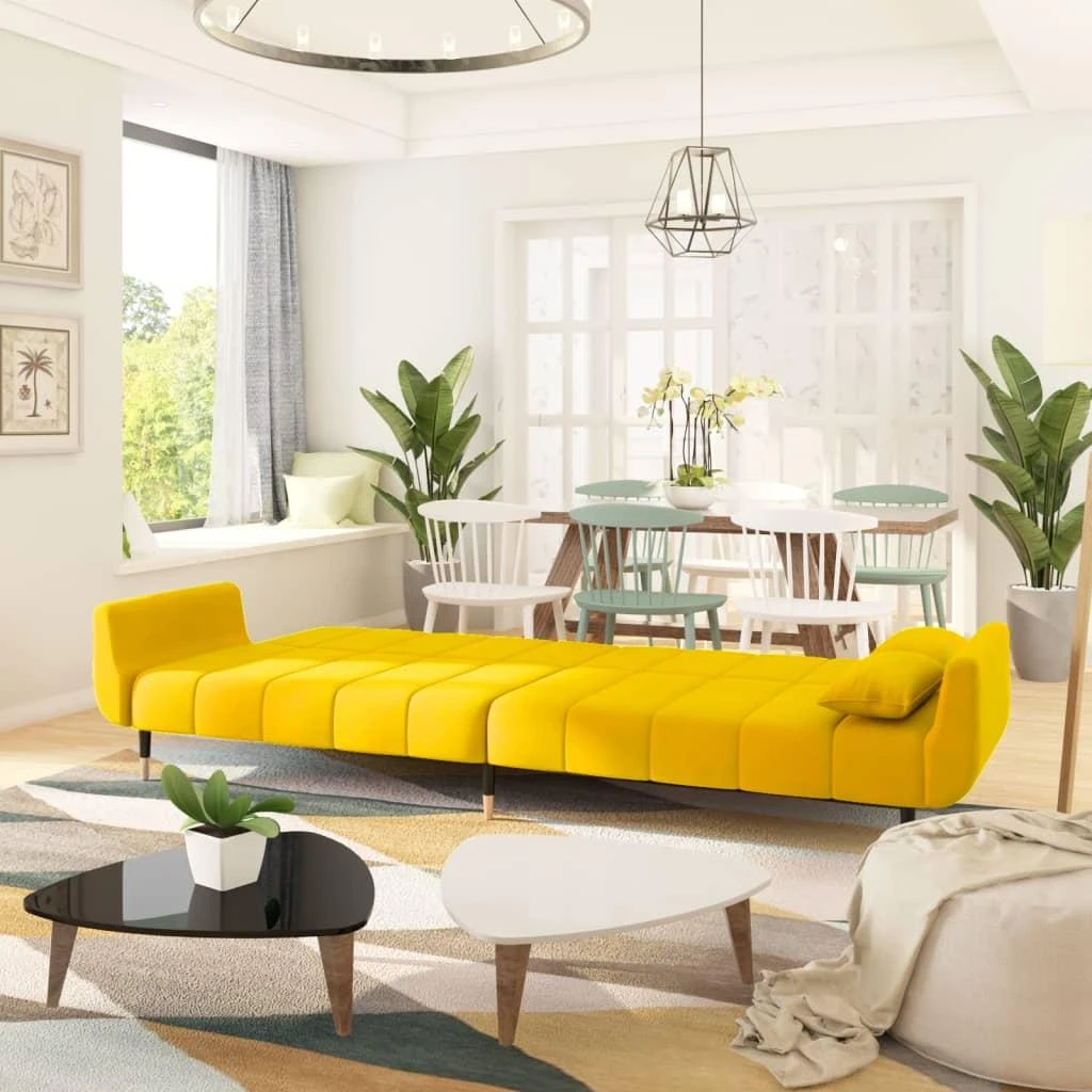 Dvivietė sofa-lova su dvejomis pagalvėmis, geltona, aksomas