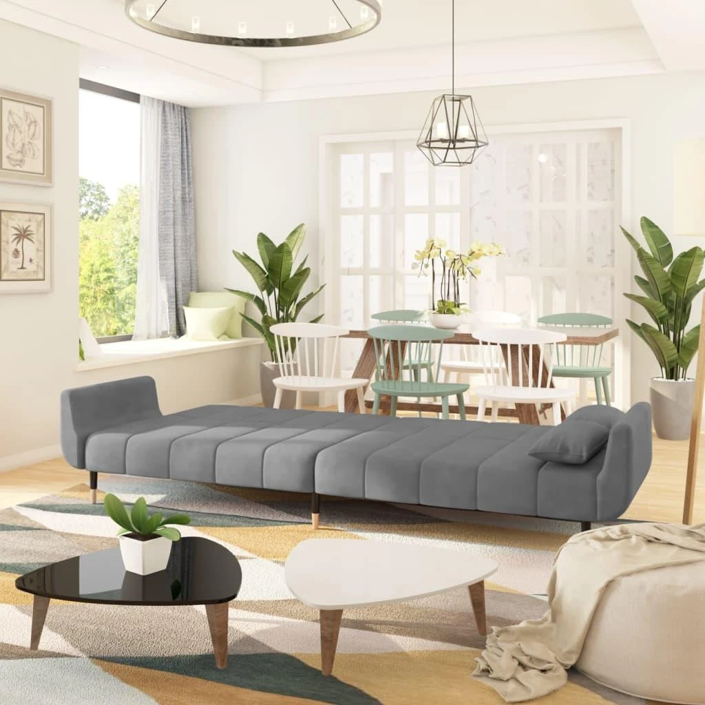 Dvivietė sofa-lova su dvejomis pagalvėmis, pilka, aksomas