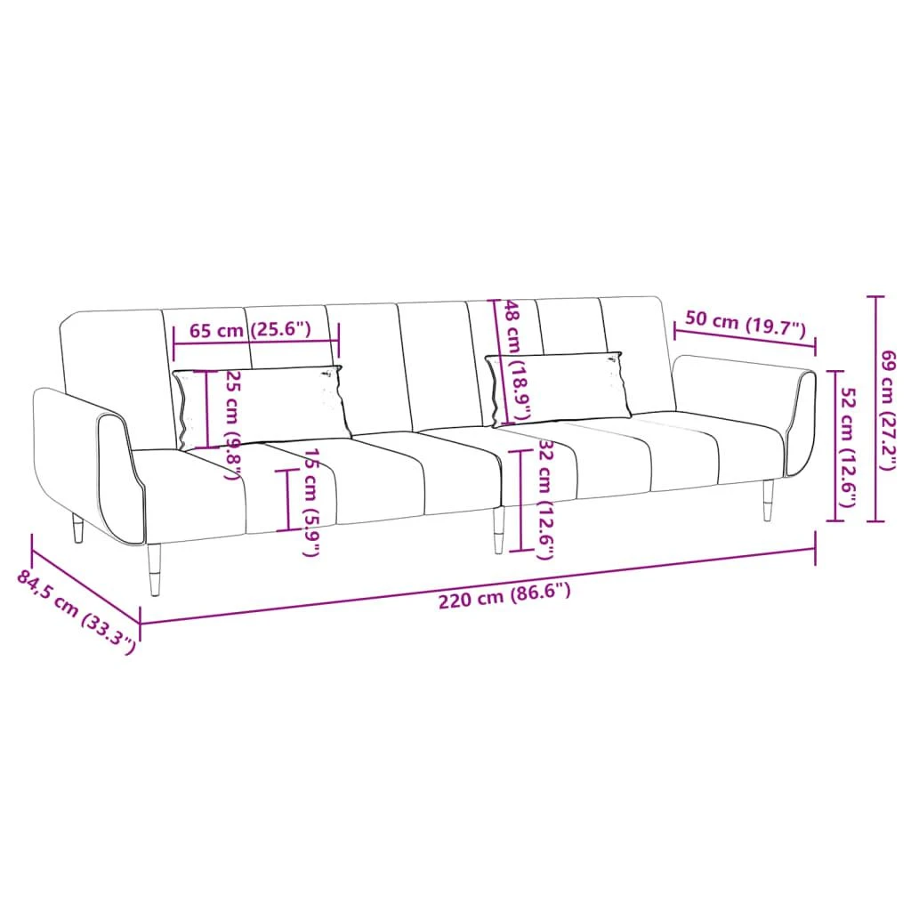 Dvivietė sofa-lova su dvejomis pagalvėmis, pilka, aksomas