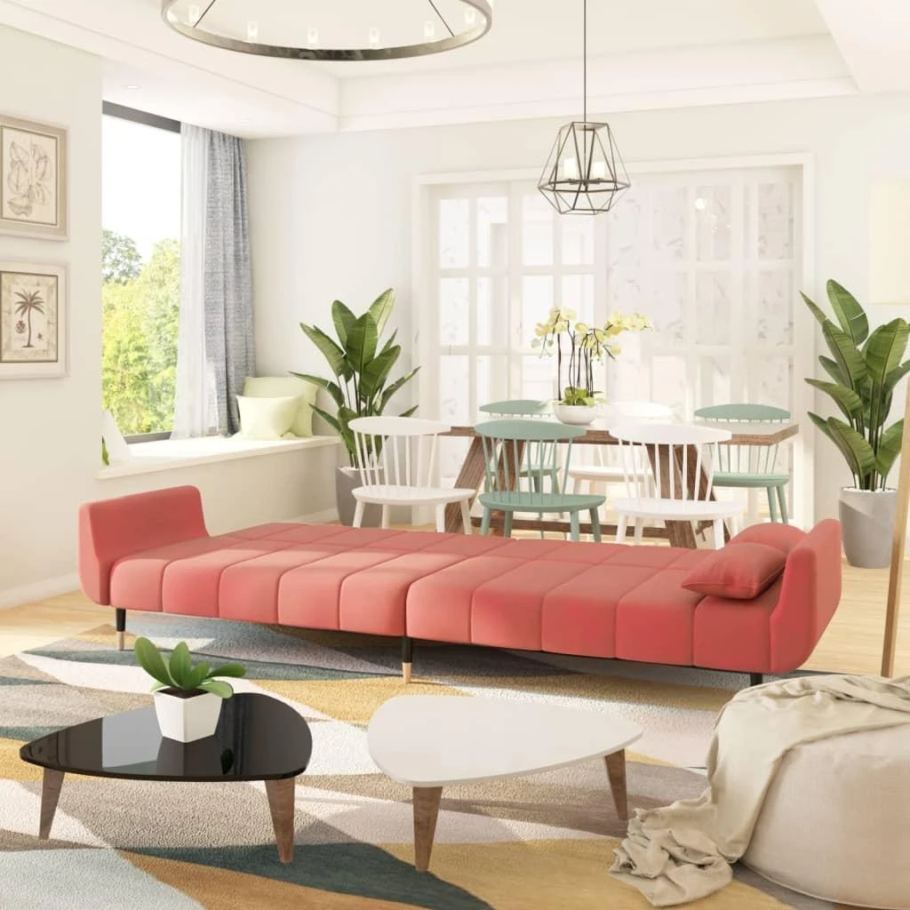 Dvivietė sofa-lova su dvejomis pagalvėmis, rožinė, aksomas