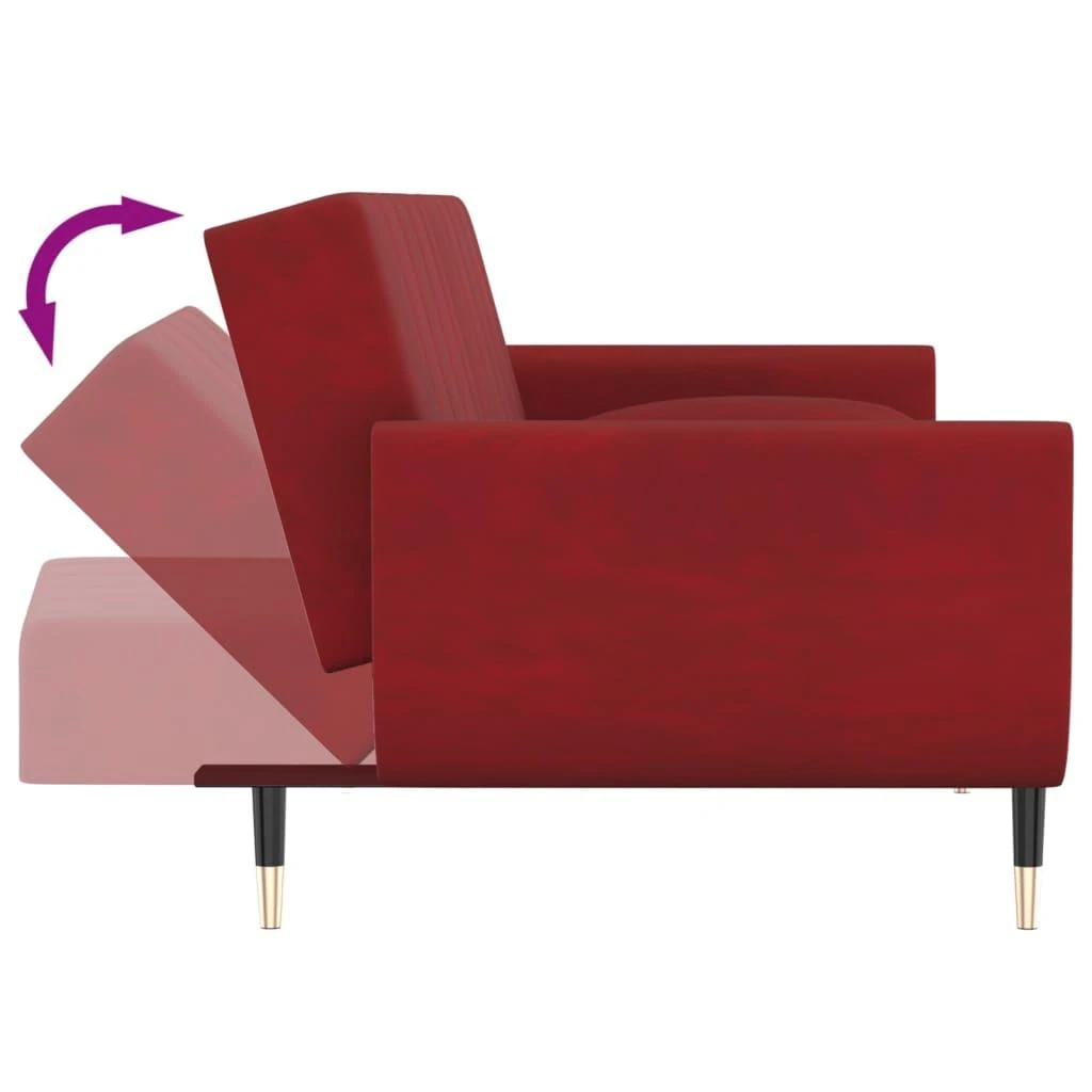 Dvivietė sofa-lova su dvejomis pagalvėmis, vyno, aksomas