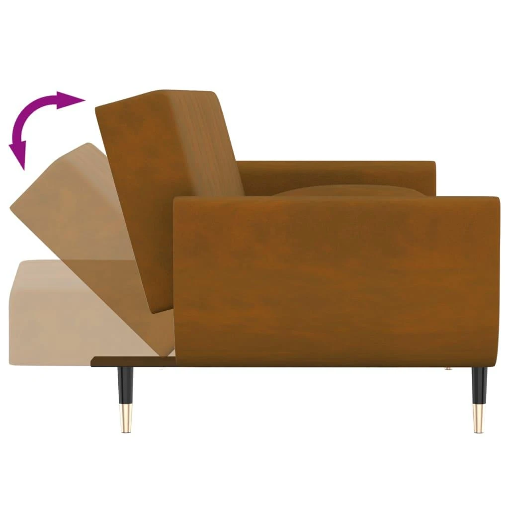 Dvivietė sofa-lova su dvejomis pagalvėmis, ruda, aksomas