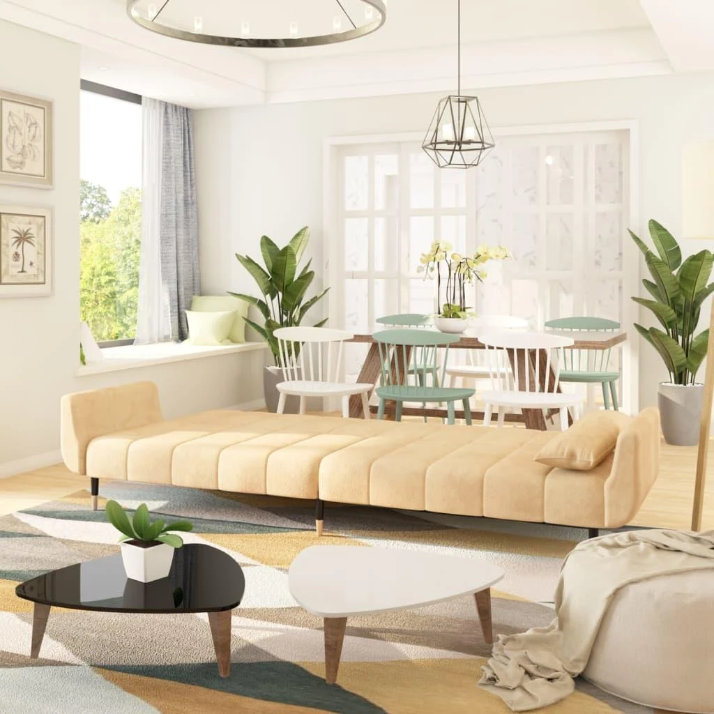 Dvivietė sofa-lova su dvejomis pagalvėmis, kreminė, aksomas