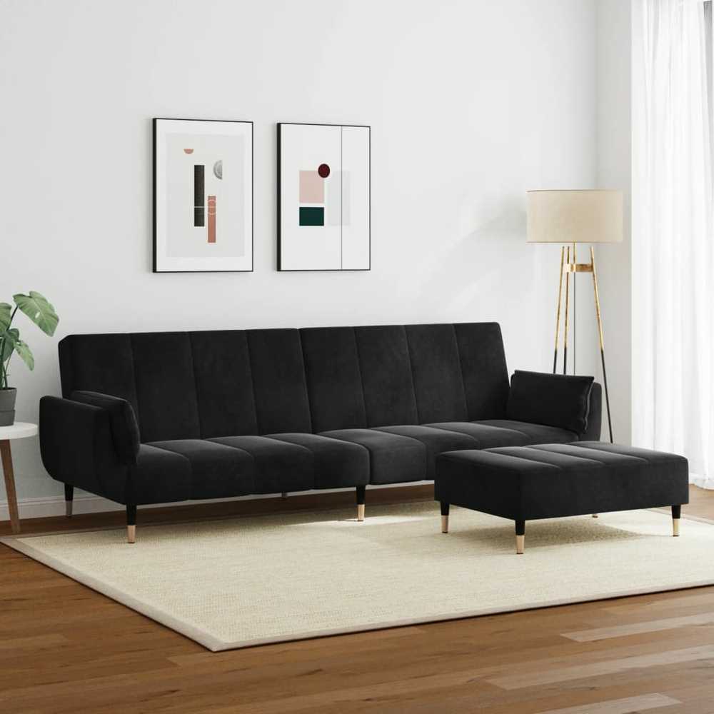 Dvivietė sofa-lova su pakoja, juodos spalvos, aksomas