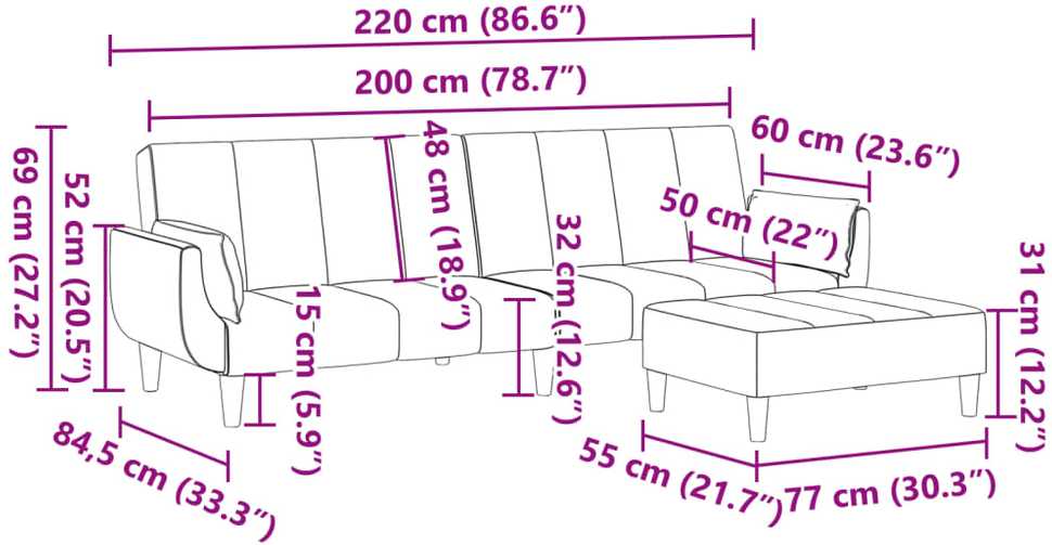 Dvivietė sofa-lova su pakoja, juodos spalvos, aksomas