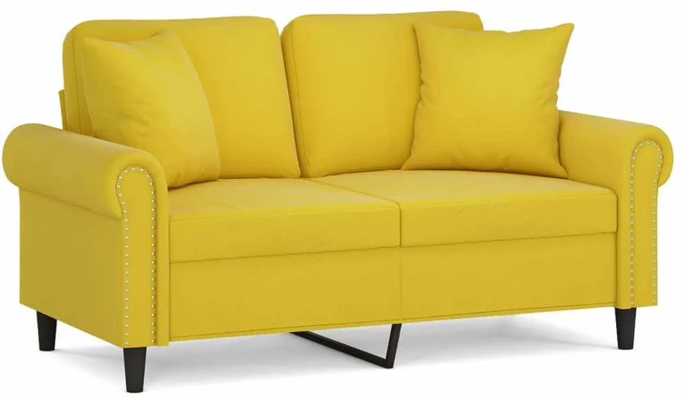 Dvivietė sofa su pagalvėlėmis, geltonos spalvos, 120cm, aksomas