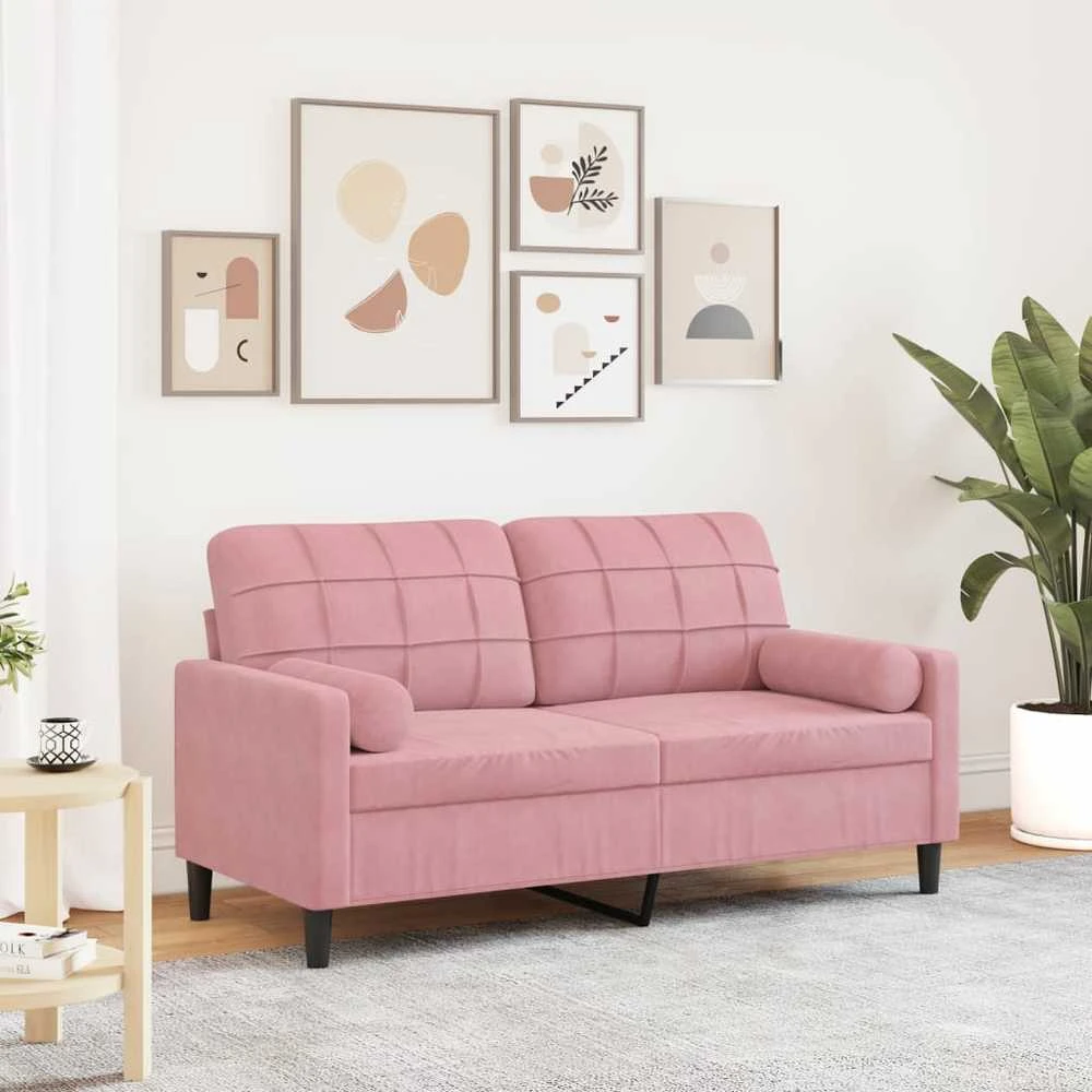 Dvivietė sofa su pagalvėlėmis, rožinės spalvos, 140cm, aksomas