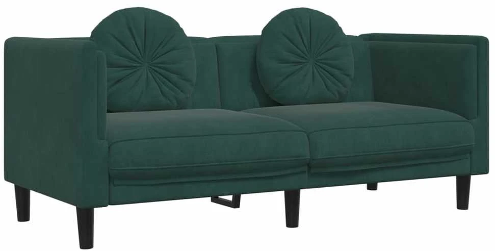 Dvivietė sofa su pagalvėlėmis, tamsiai žalios spalvos, aksomas