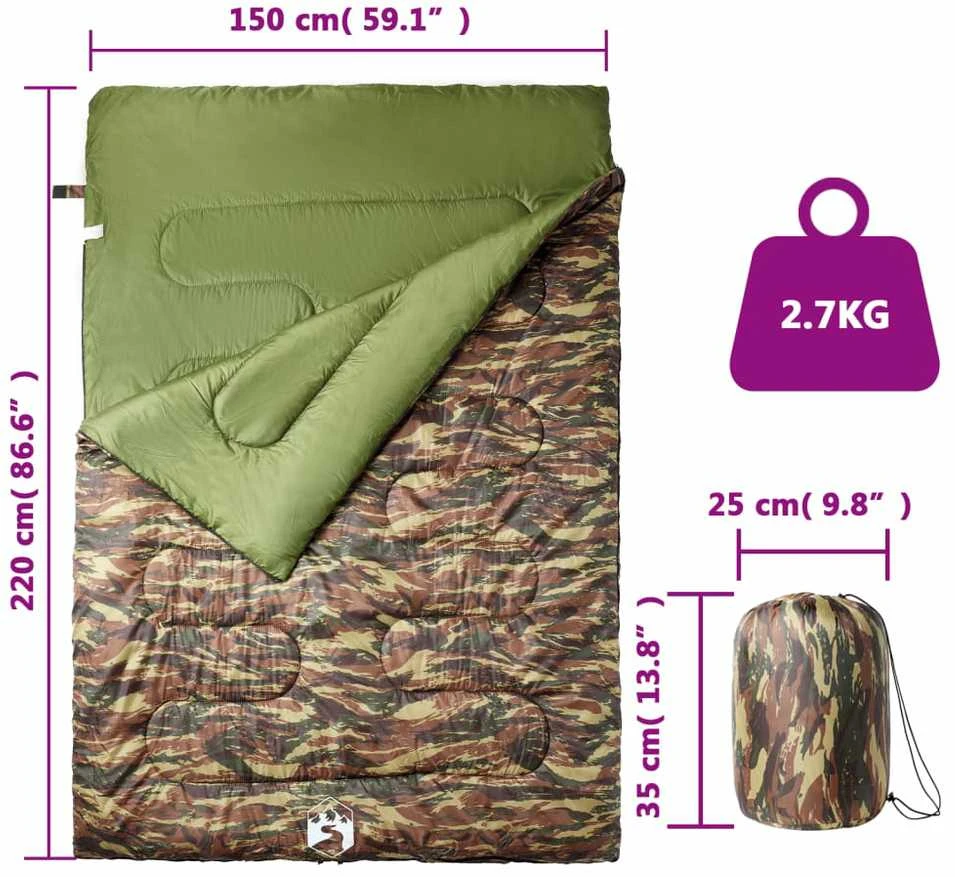Dvivietis miegmaišis su pagalvėmis suaugusiems, 3-4 sezonams