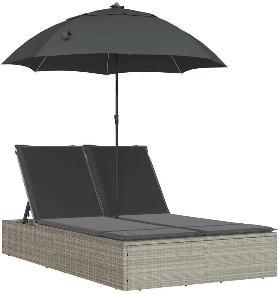 Dvivietis saulės gultas su čiužinukais/skėčiu, pilkas, ratanas
