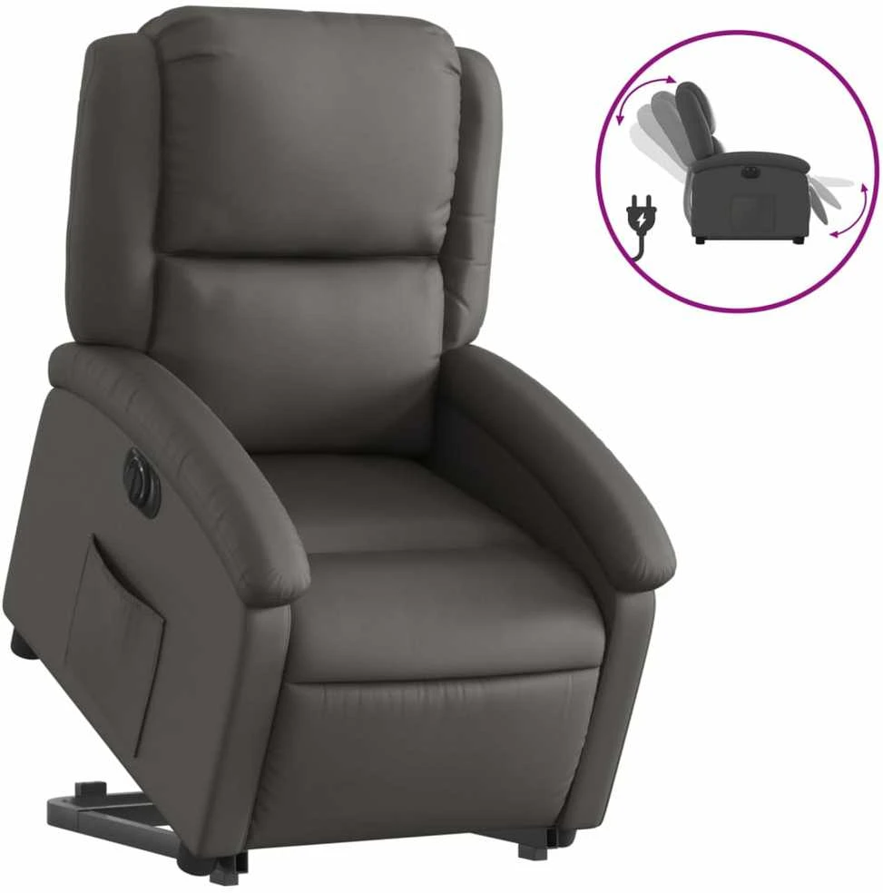 Fotelis Atsistojantis elektrinis atlošiamas krėslas, pilkas, tikra oda