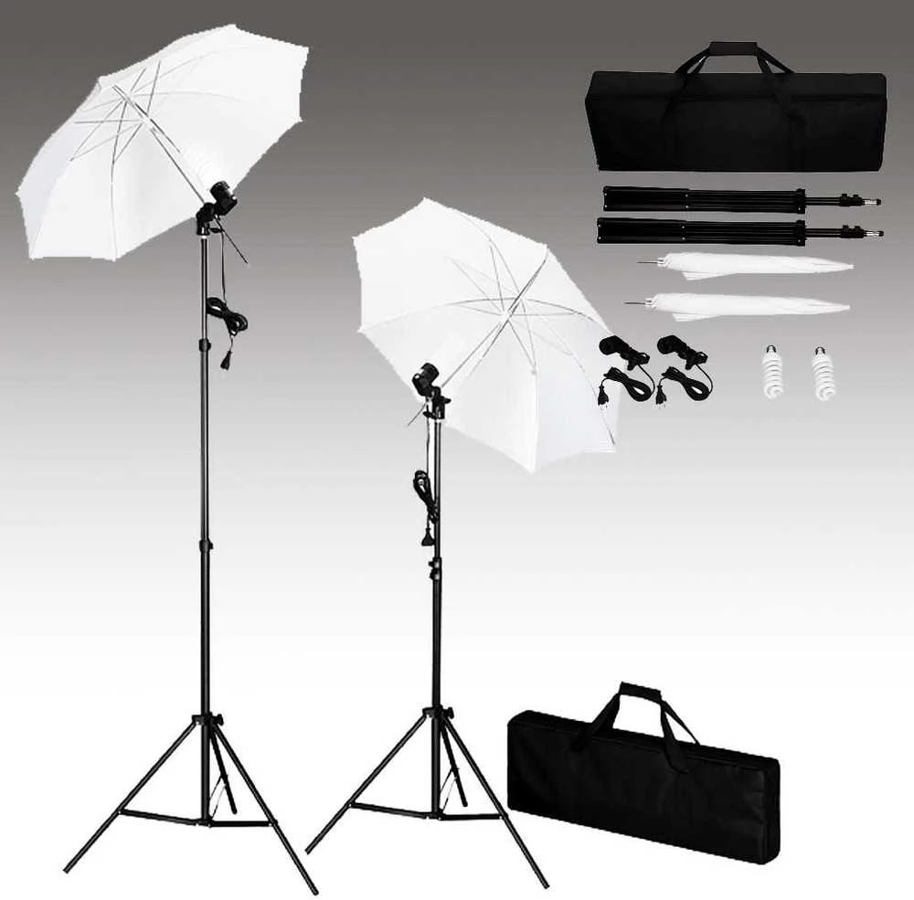 Fotostudijos komplektas su fonu, šviestuvais ir skėčiais