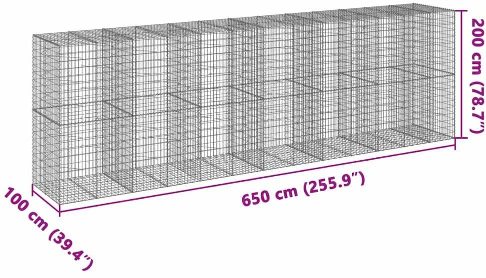 Gabiono krepšys su dangčiu, 650x100x200cm, galvanizuota geležis