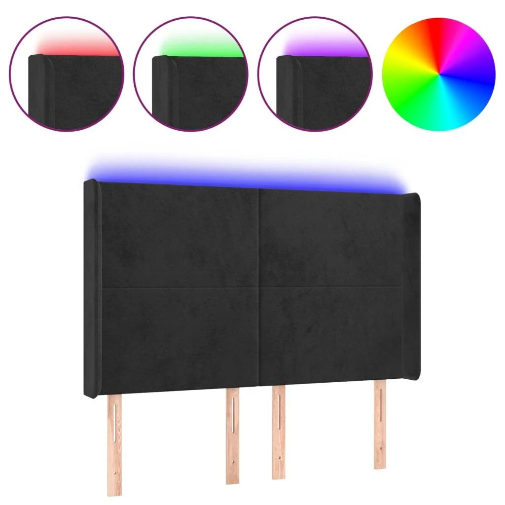 Galvūgalis su LED, juodos spalvos, 147x16x118/128cm, aksomas