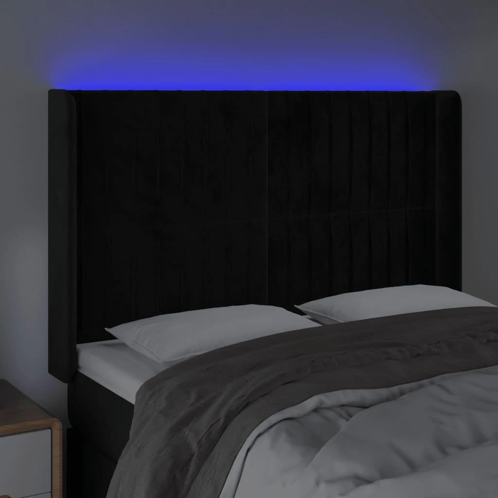 Galvūgalis su LED, juodos spalvos, 147x16x118/128cm, aksomas