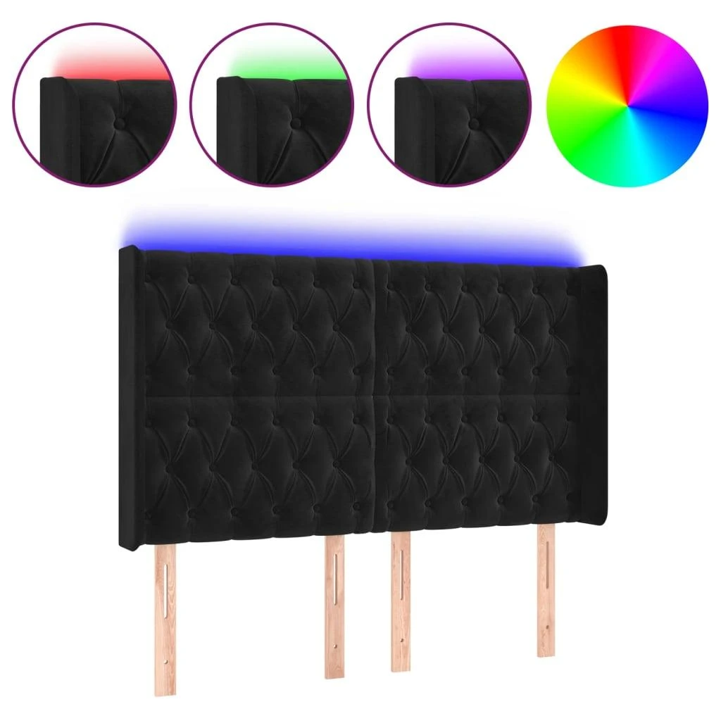 Galvūgalis su LED, juodos spalvos, 163x16x118/128cm, aksomas