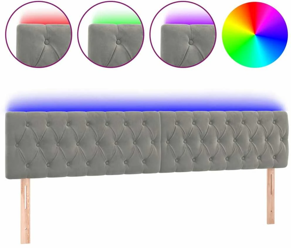 Galvūgalis su LED, šviesiai pilkas, 180x7x78/88cm, aksomas