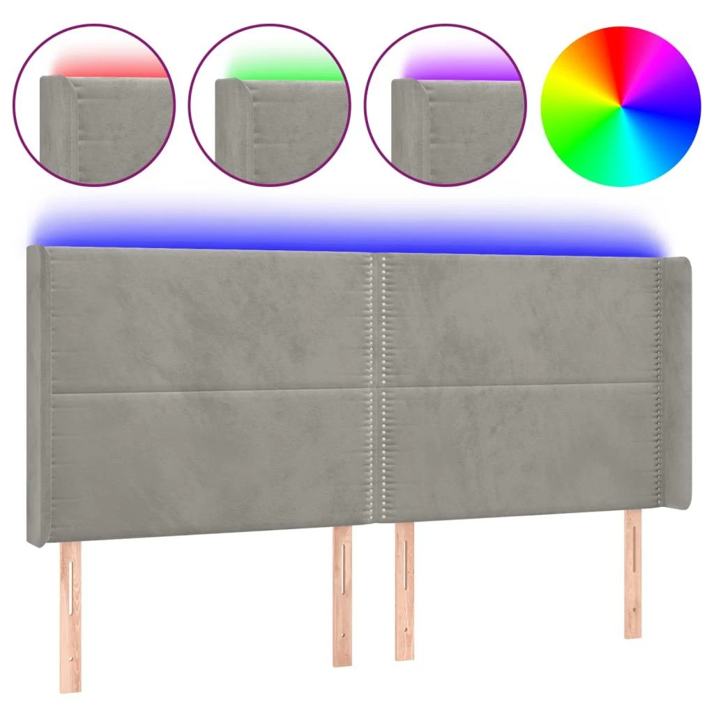Galvūgalis su LED, šviesiai pilkas, 203x16x118/128cm, aksomas