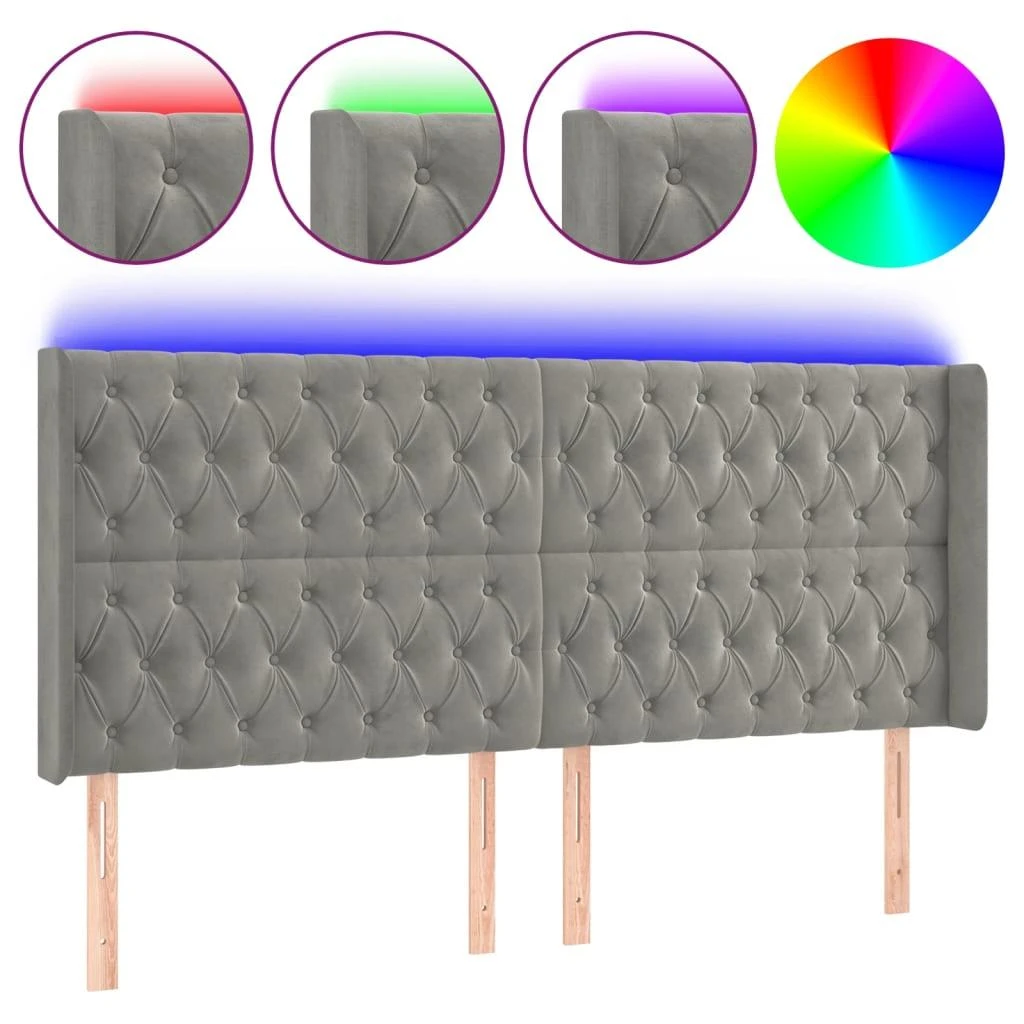 Galvūgalis su LED, šviesiai pilkas, 203x16x118/128cm, aksomas
