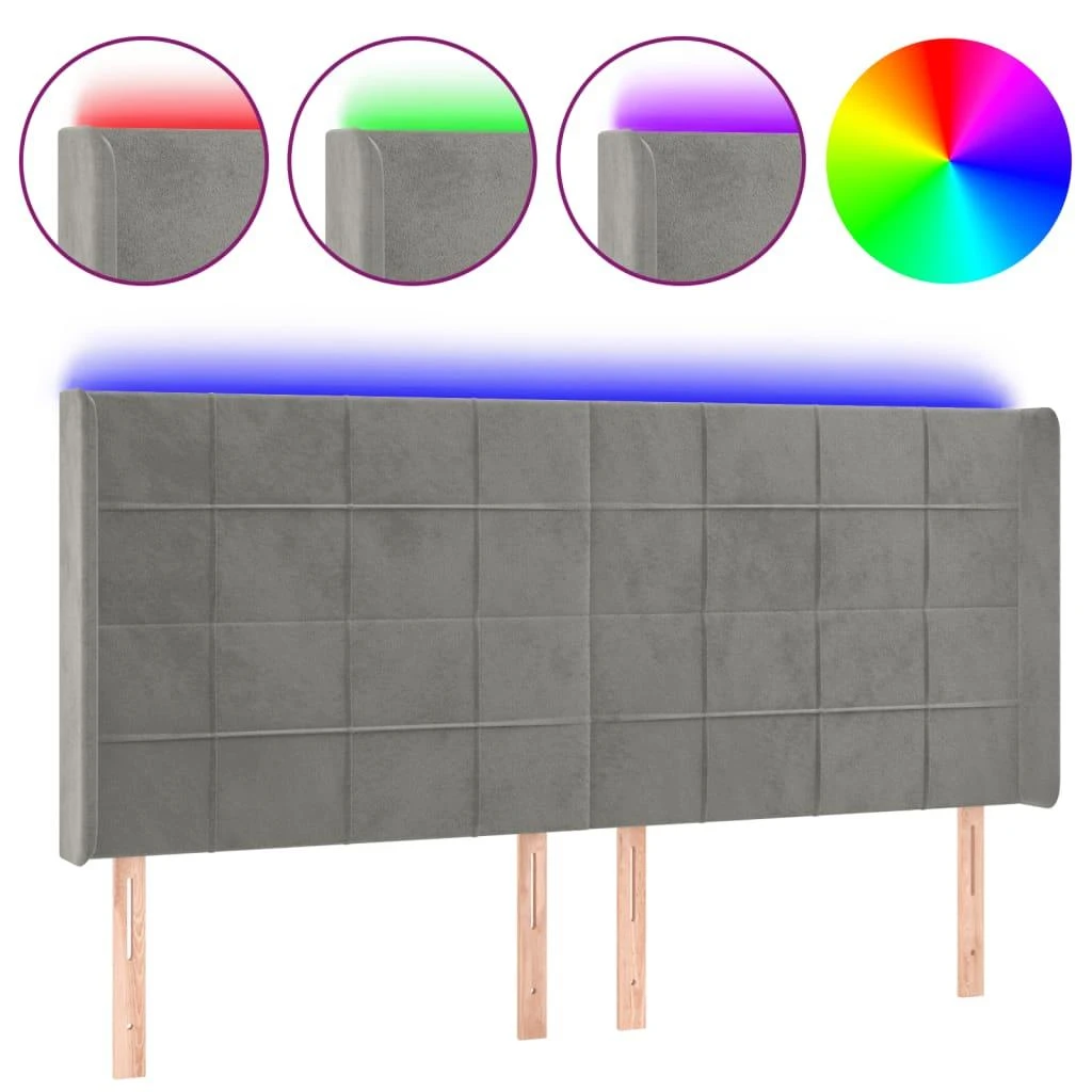 Galvūgalis su LED, šviesiai pilkas, 203x16x118/128cm, aksomas