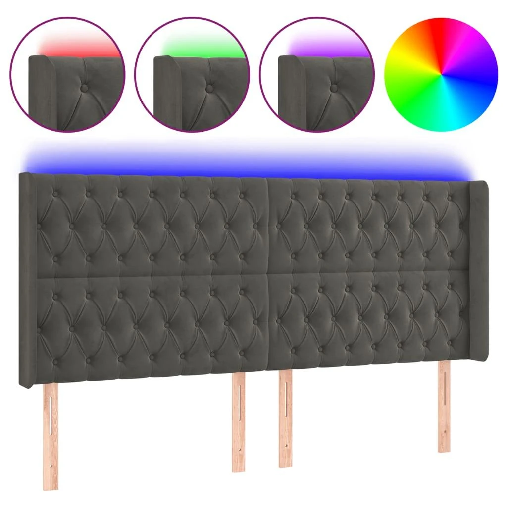 Galvūgalis su LED, tamsiai pilkas, 203x16x118/128cm, aksomas