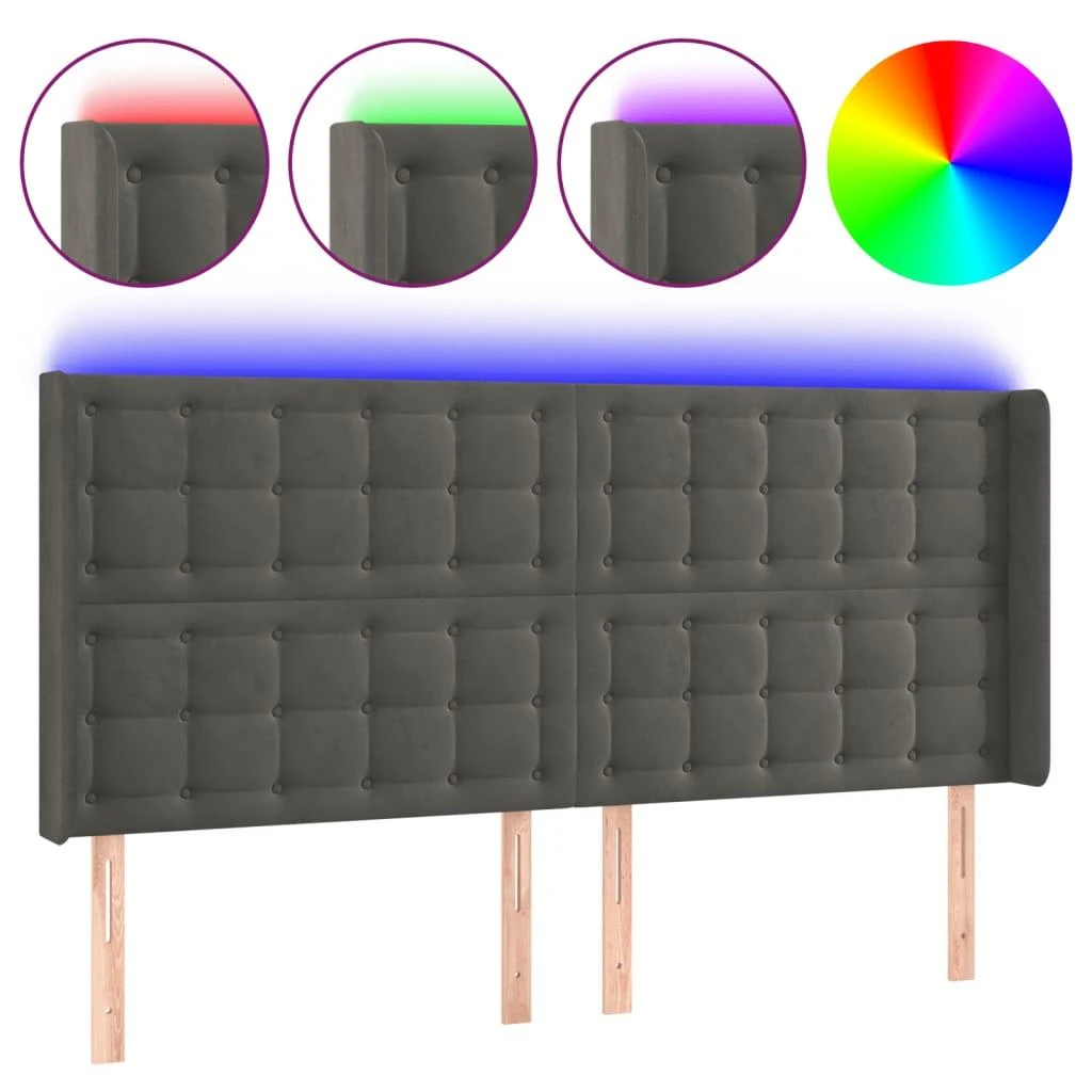 Galvūgalis su LED, tamsiai pilkas, 203x16x118/128cm, aksomas