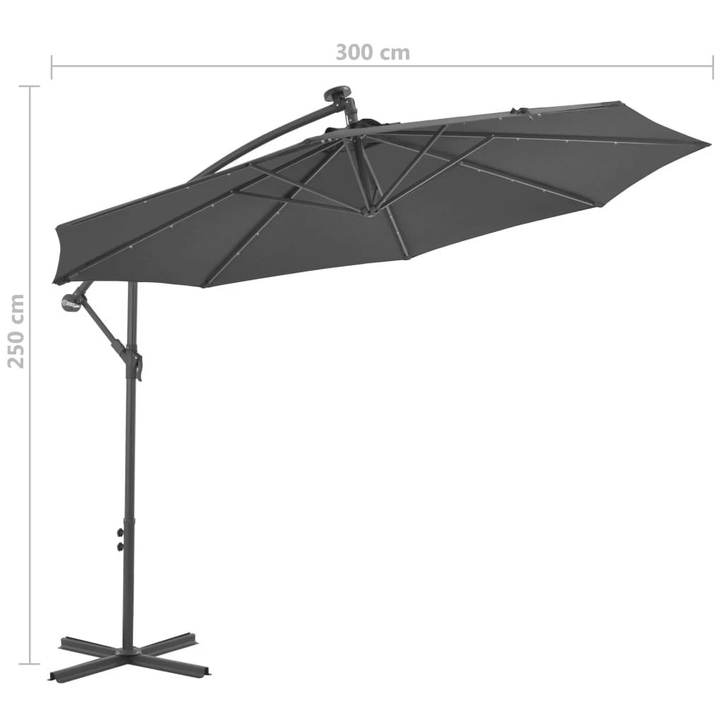 Gembinis skėtis su LED ir plieniniu stulpu, antracito, 300cm