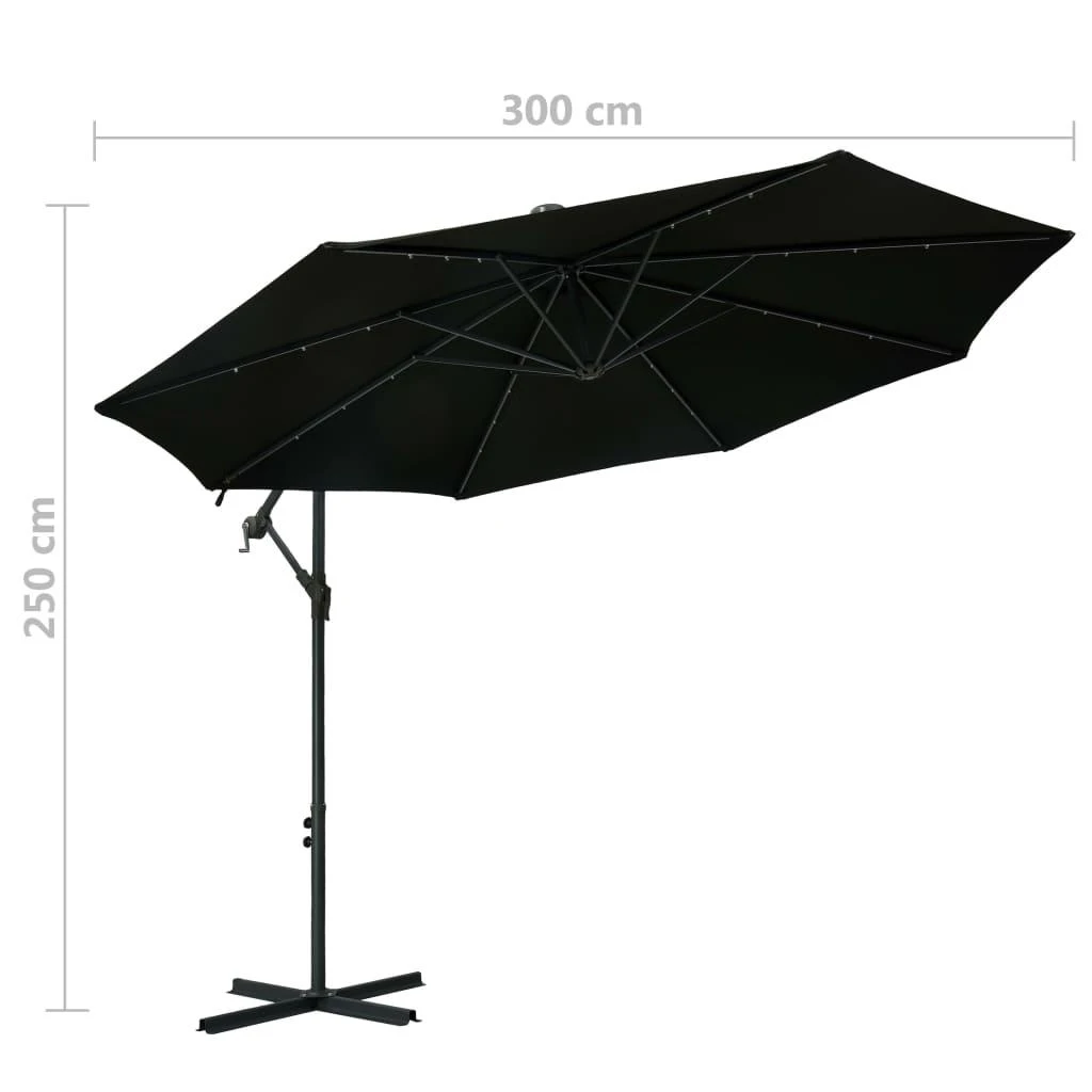 Gembinis skėtis su LED ir plieniniu stulpu, juodas, 300cm