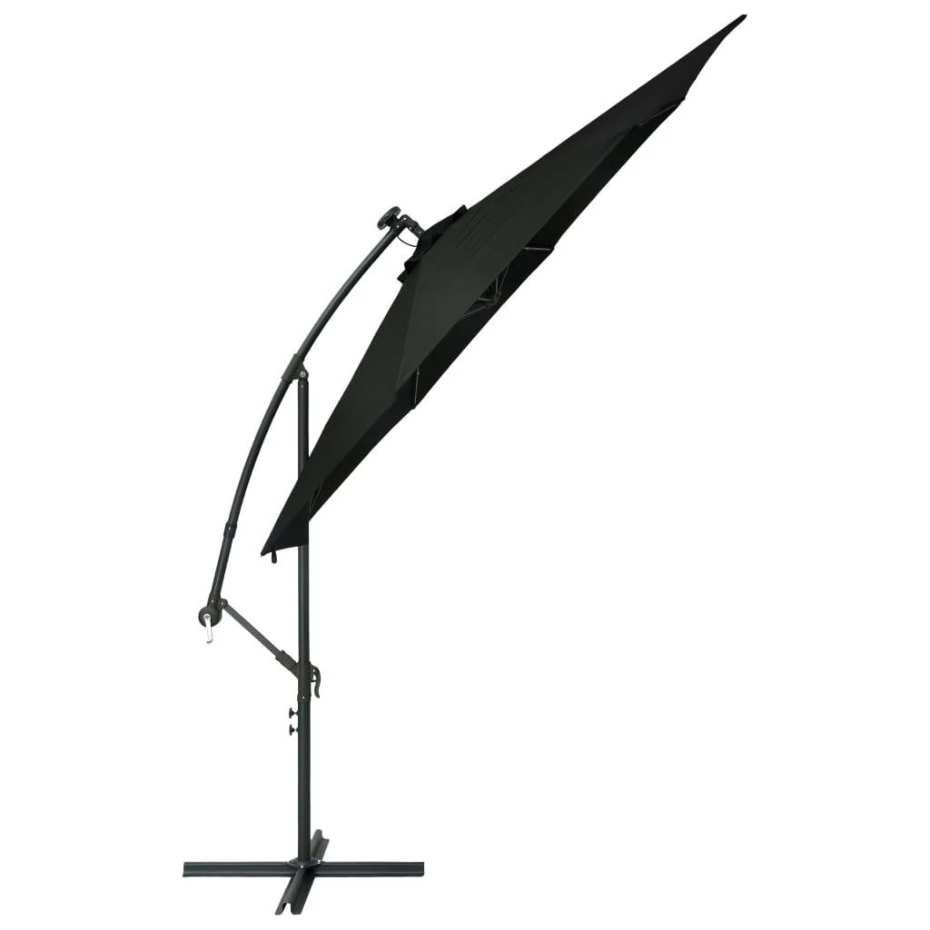 Gembinis skėtis su LED ir plieniniu stulpu, juodas, 300cm