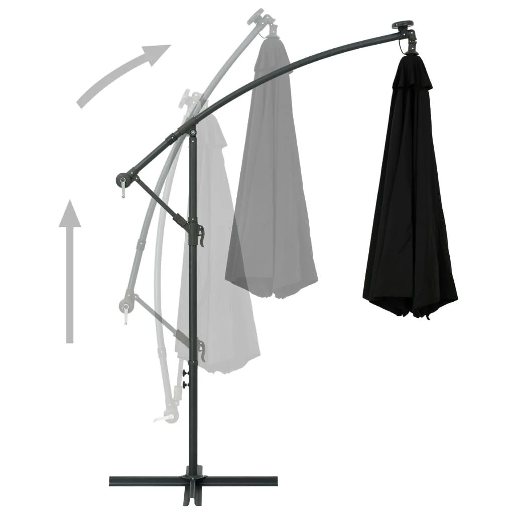 Gembinis skėtis su LED ir plieniniu stulpu, juodas, 300cm
