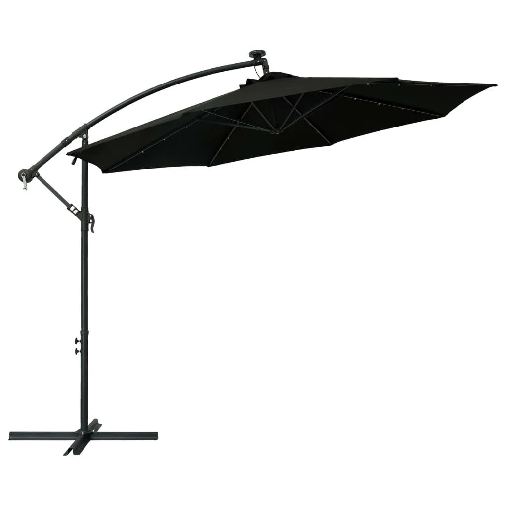 Gembinis skėtis su LED ir plieniniu stulpu, juodas, 300cm
