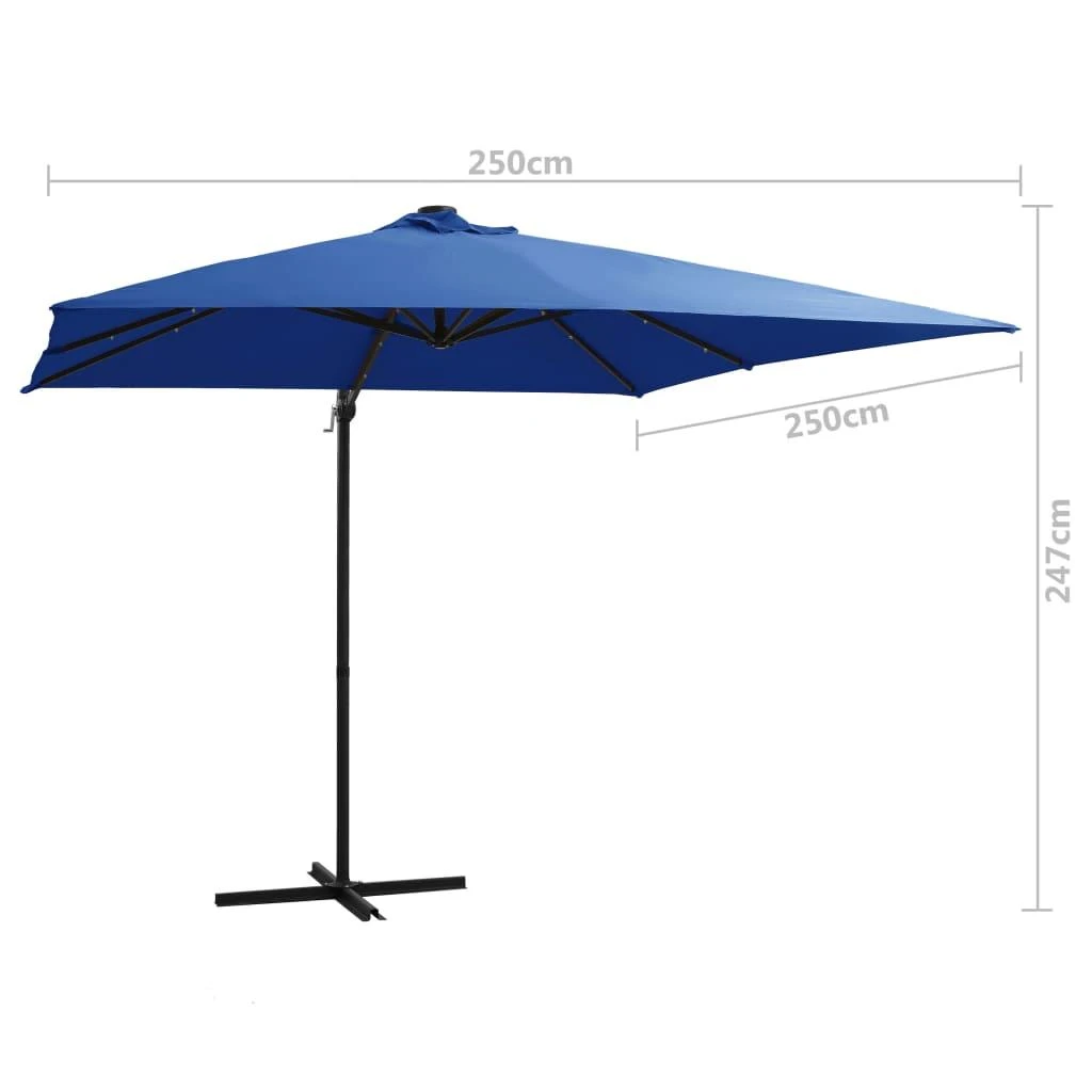 Gembinis skėtis su LED ir plieniniu stulpu, mėlynas, 250x250cm
