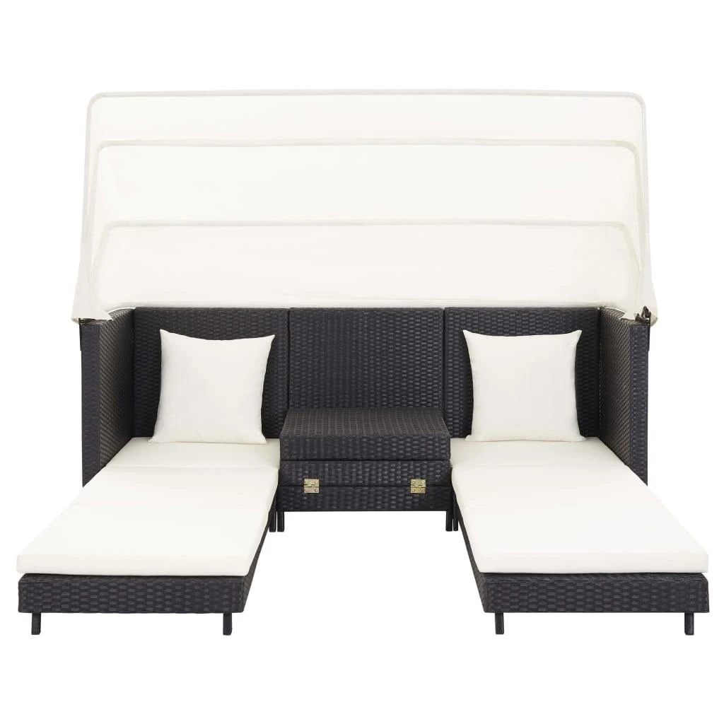Ištraukiama trivietė sofa-lova su stogeliu, juoda, poliratanas