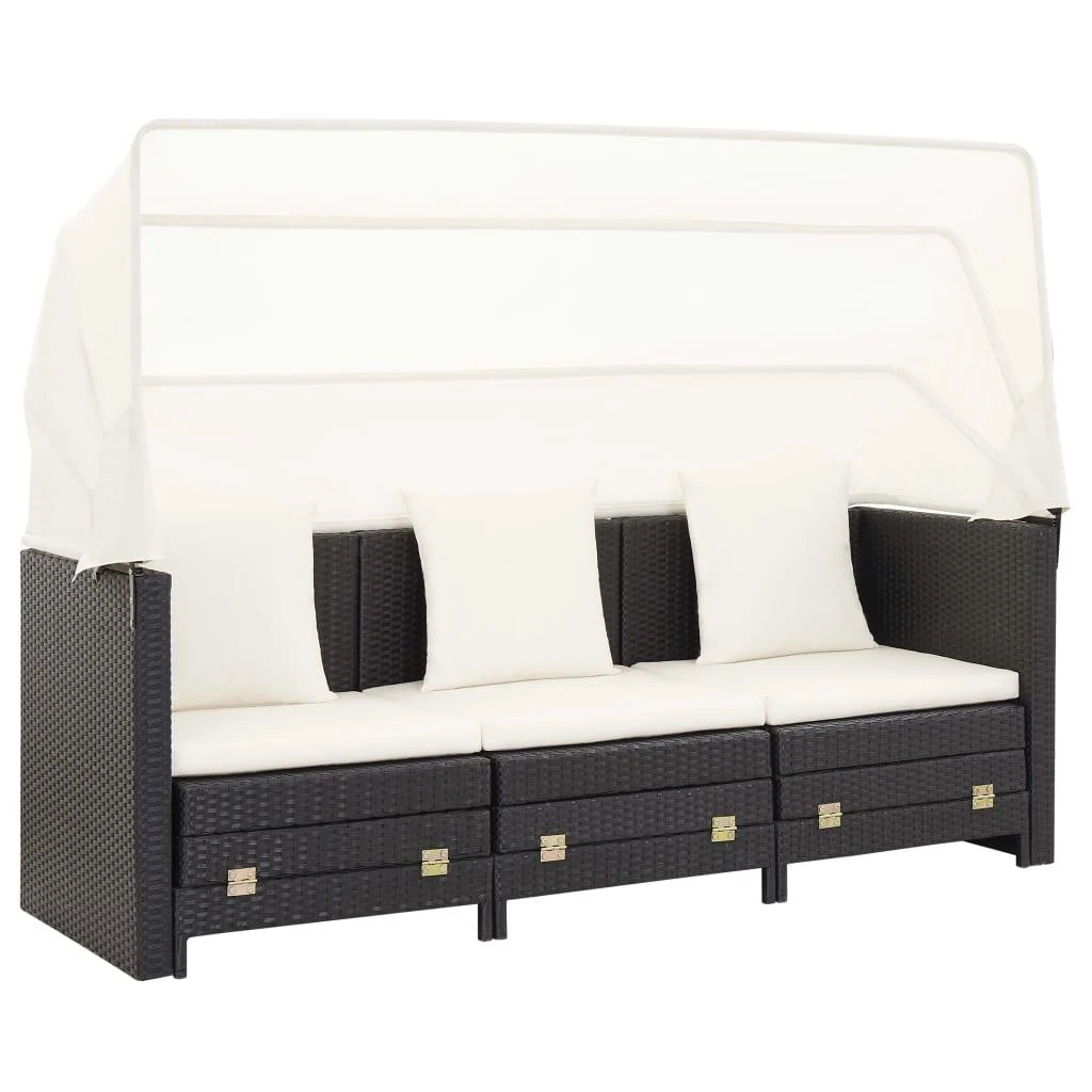 Ištraukiama trivietė sofa-lova su stogeliu, juoda, poliratanas
