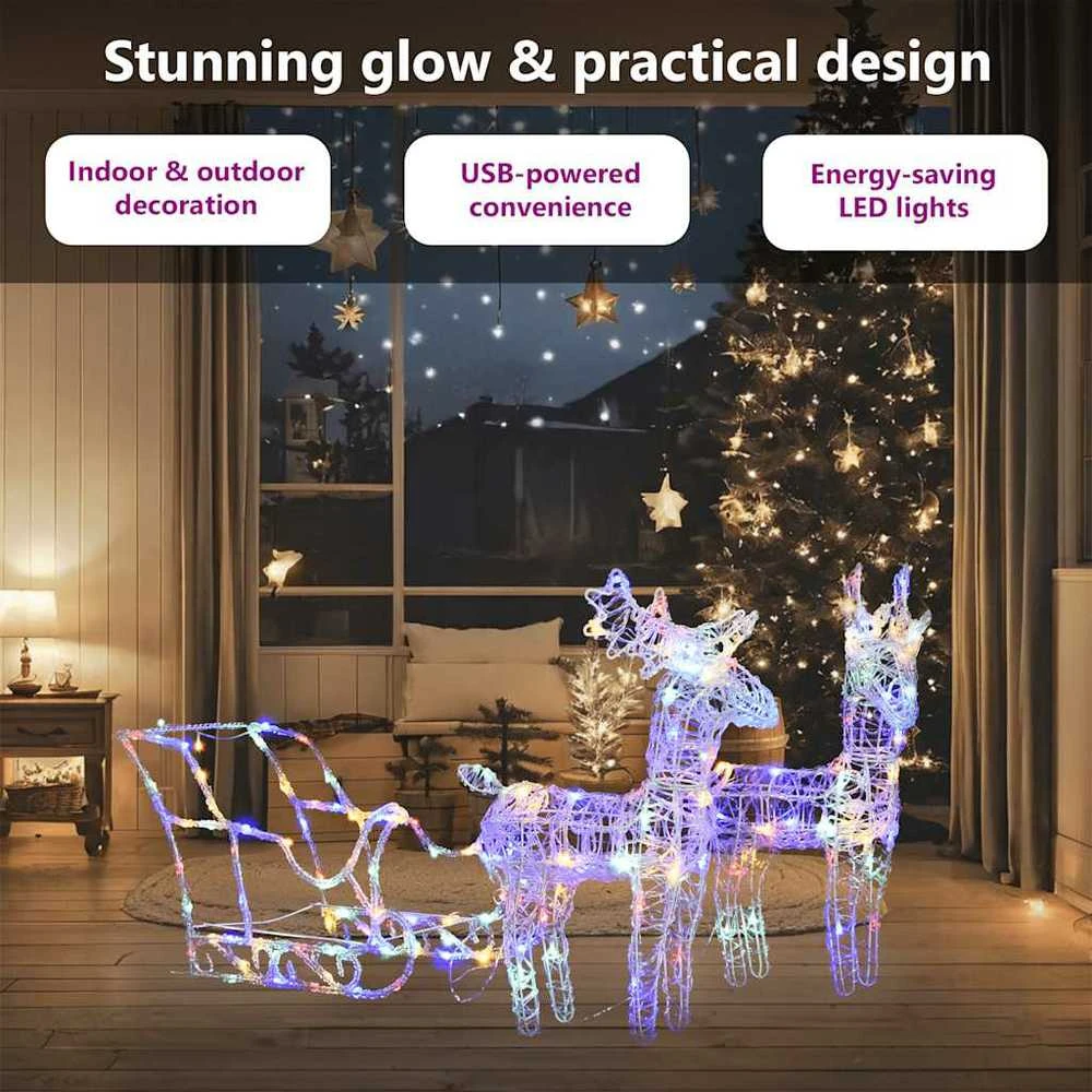 Kalėdų dekoracija elniai ir rogės, 130cm, akrilas, 160 LED